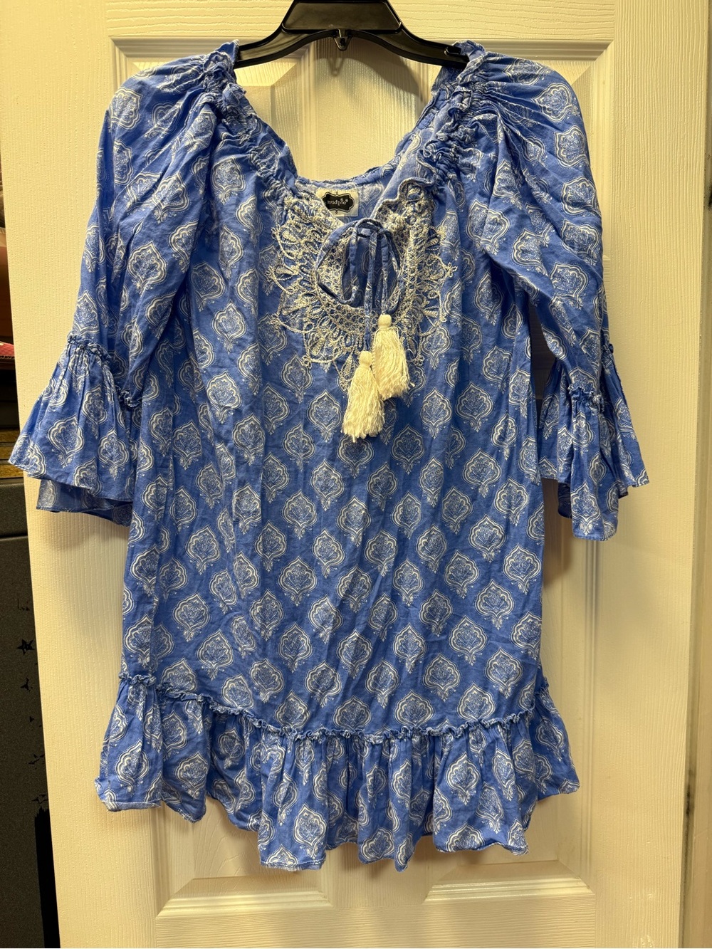 Mud Pie Blue Printed Peasant Tunic with Tassel Detail